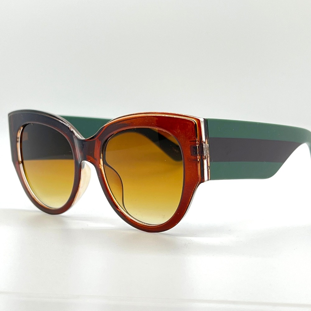 Cat Eye Sunglasses‎ Fashion Oversized Brown Lens Green Accents Vintage Classic